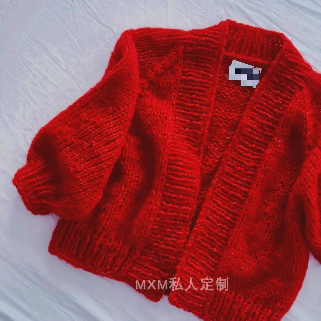 Red Mohair Sweater Jacket, Thick Needle Cardigan, Handcrafted Knit Top, Long Sleeve, Female, Soft and tender