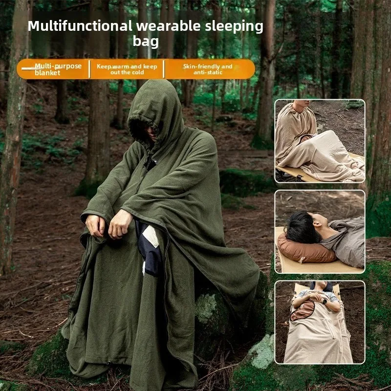 Multi Wearable Poncho Sleeping Bag Fleece Warm Travel Liner Adult Cloak Sack For Outdoor Camping Hiking Trip