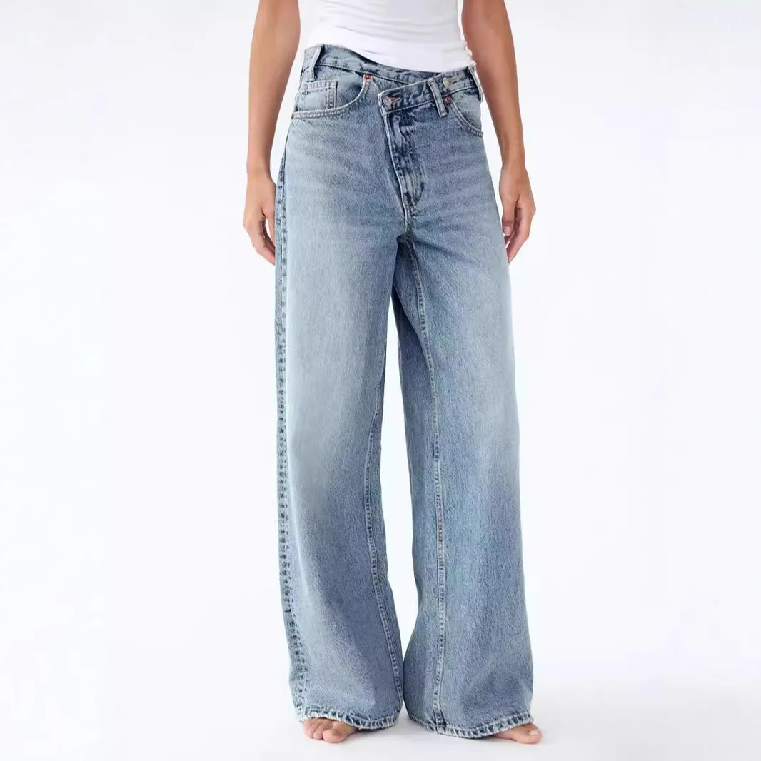 2025 Asymmetrical Diagonal Buckle Sense Design Wide-leg Jeans. Women's Four Seasons New Street Fashion Retro Casual Loose Jeans