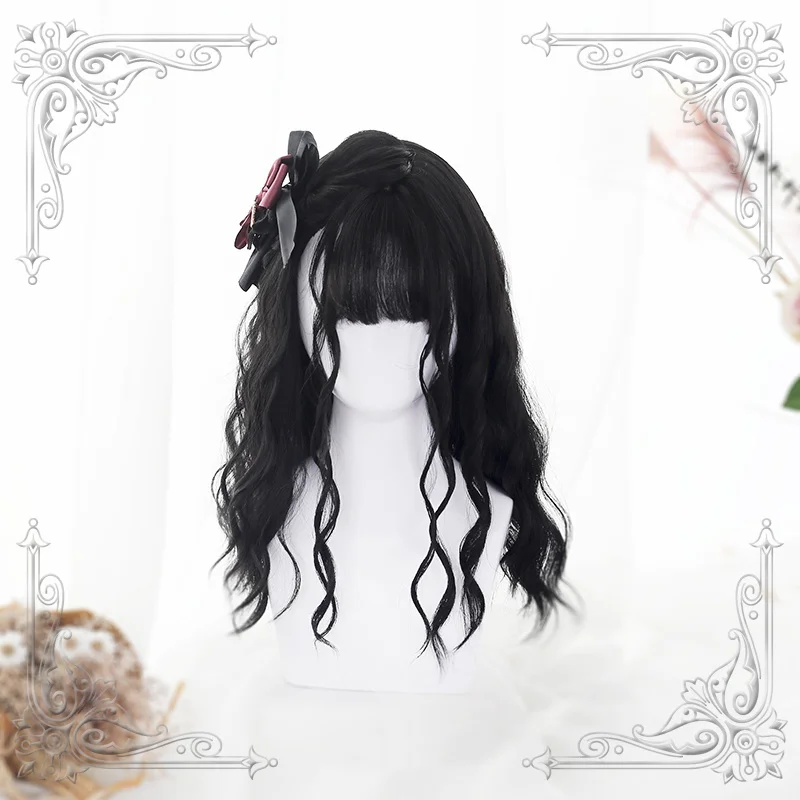 

High Quality Soft Girl Lolita Natural Black Air Bangs Water Wave Wig