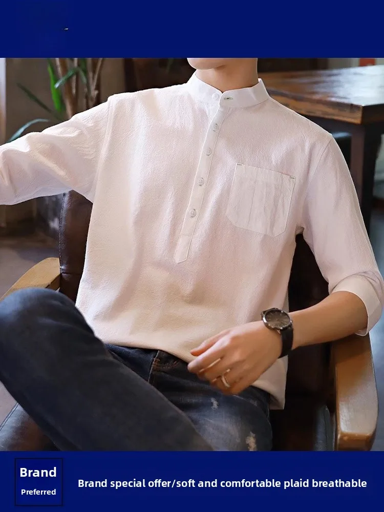 

Мужская хлопковая рубашка Pure Color с воротником-стойкой, в корейском стиле, свободного кроя, с рукавом 7/8, летняя, молодежная, модная, повседневная, на пуговицах