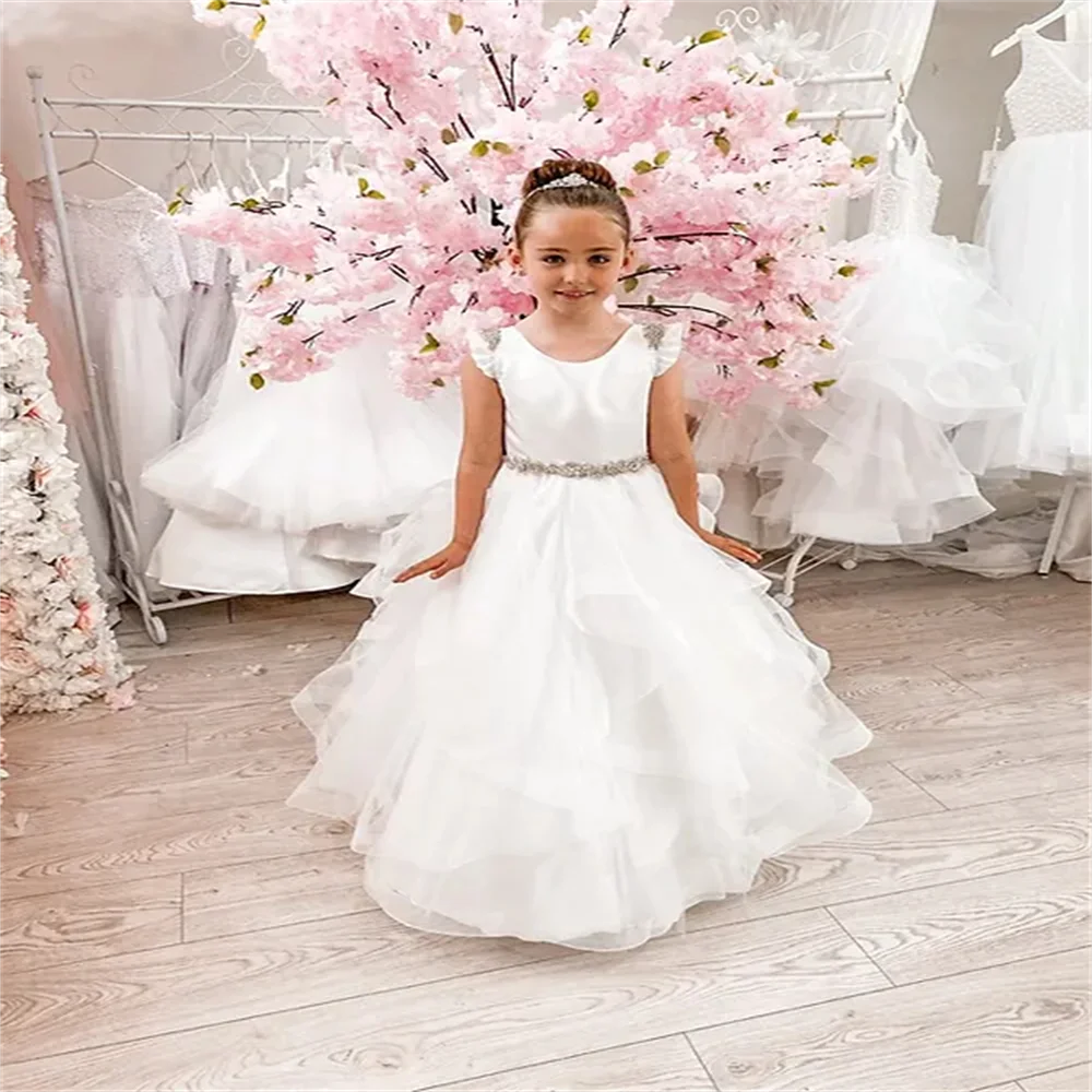 White Flower Girl Dresses Satin Top Ruffled Crystal Belt  First Communion 2024 Birthday Prom Party Princess kids Costume