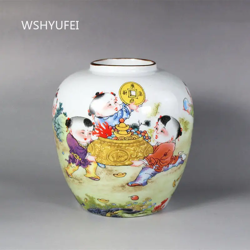 Chinese Color Porcelain Decorative Jar Children Fortune Treasure Pattern Ceramic Vase Ornament Multi-purpose Storage Canister