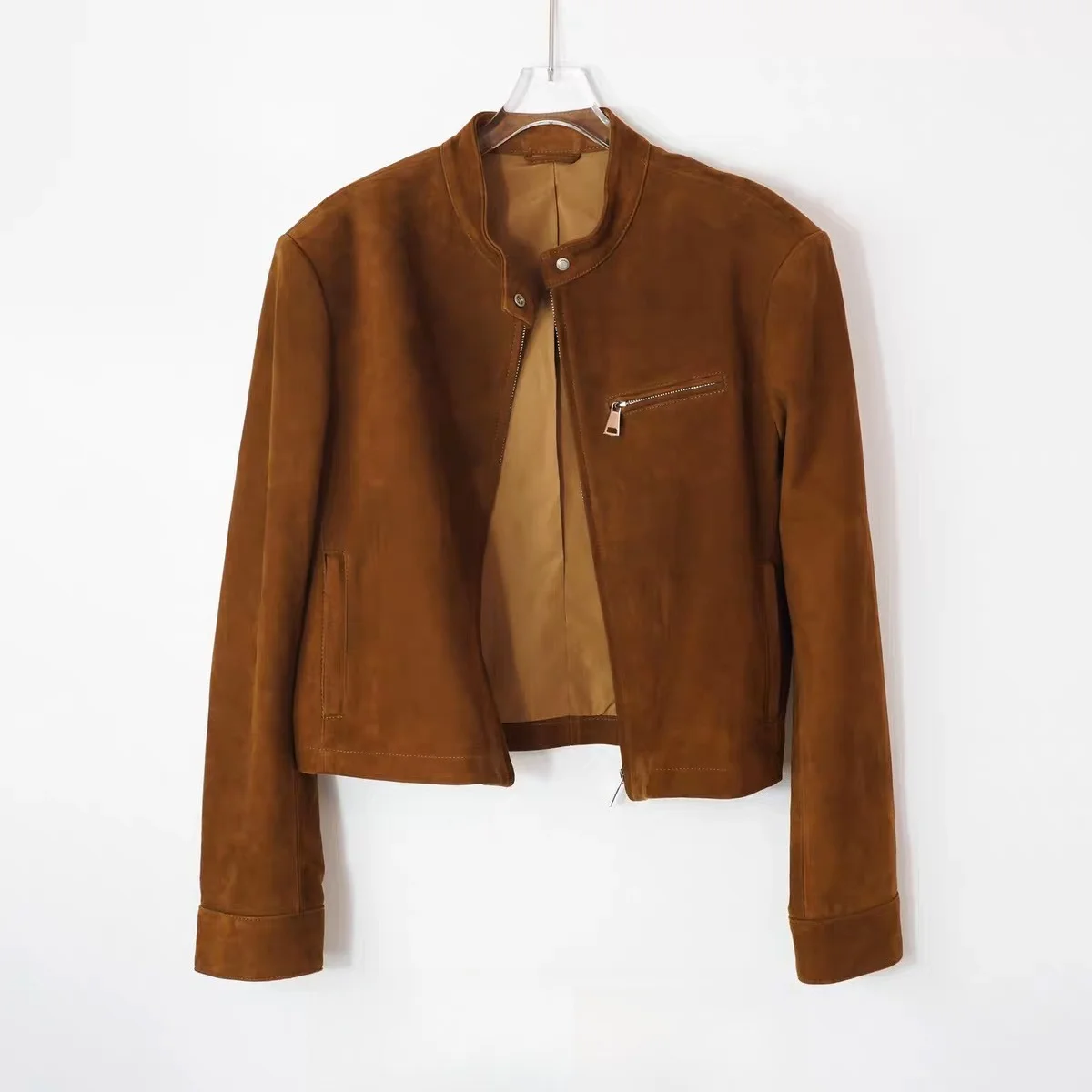 Retro Quality Leather Jacket For Women 2025 O-Neck Cashmere Suede Leather Coat Female Slimming Versatile Jaqueta Streetwear