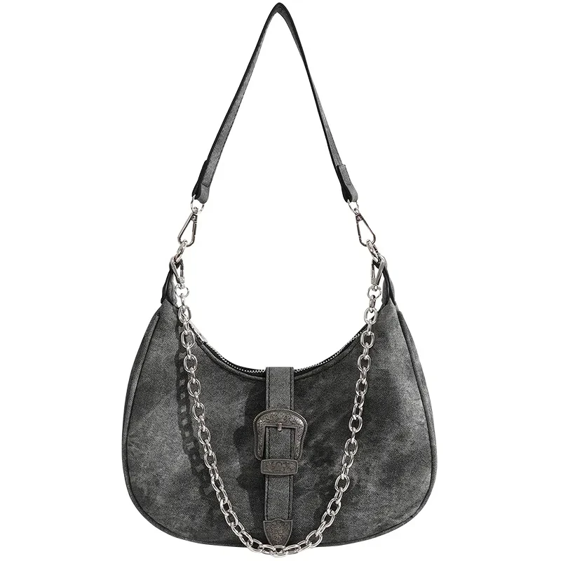 Vintage Gray Underarm Bags for Women Fashion Cool Girls All-match Chain Single Shoulder Bag High Quality Female Totes