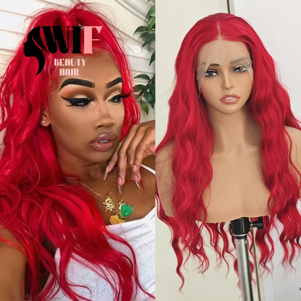 

WIF Red Wave Синтетические волосы Косплей Парик шнурка Красный цвет Объемная волна Тепловое волокно Парики фронта шнурка Натуральные волосы Женские волосы для макияжа
