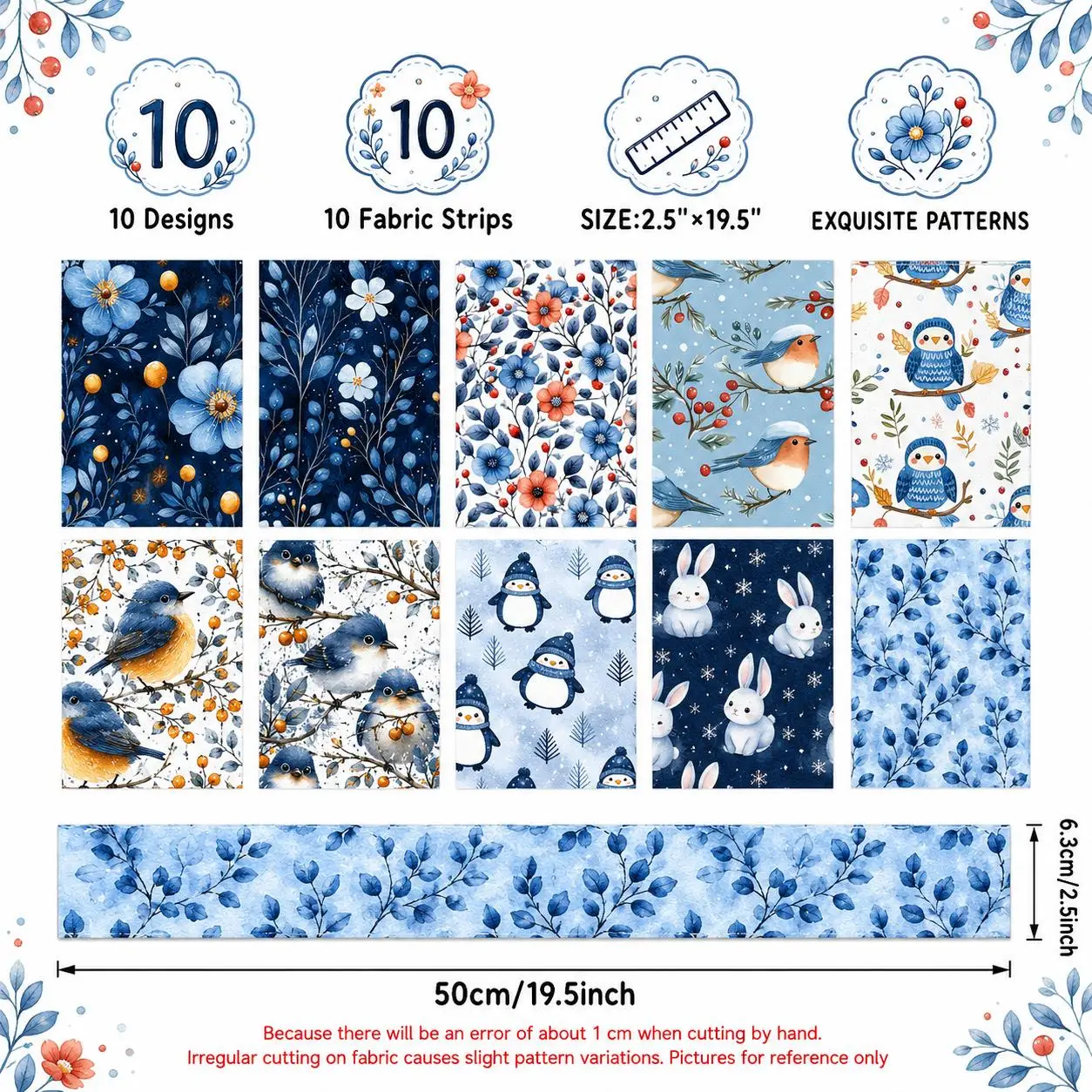 10pcs Floral Bird Penguin Jelly Roll Fabric Strips 2.5X19.7inch Pre-Cut Polyester For Patchwork Quilts, Table Runners, Placemats