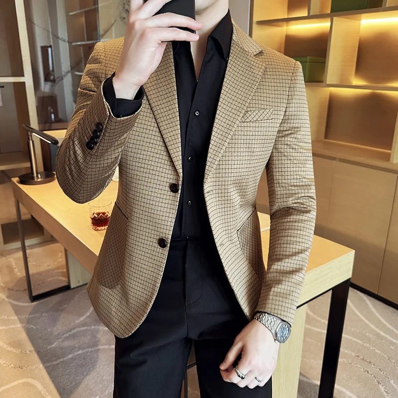 Autumn Winter Simple Plaid Suit Jacket Men Slim Casual Business Men Blazers Fashion Wedding Groom Banquet Social Dress Jackets