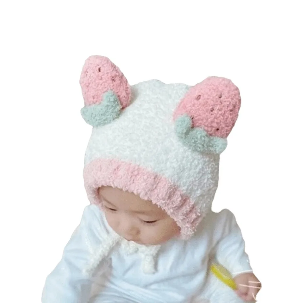 

Kawaii флисовая шапка с фруктовыми ушками, плюшевая мягкая детская шапка-бини, теплая зимняя защитная шапка для ушей для малышей