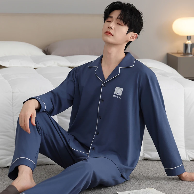 Plus Size L-5XL Spring and Autumn Men Modal Pajamas Set Loose Turn-down Collar Home Wear