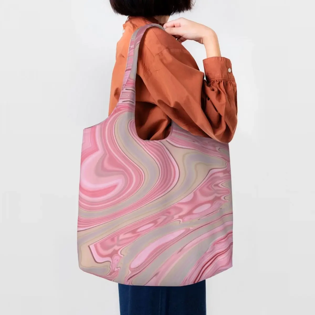 Custom Cute Printing Girly Elegant Pastel Colors Pink Marble Swirls Tote Shopping Bag Washable Canvas Shoulder Shopper Handbag