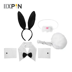 Women Bunny Accessory Set Rabbit Ear Headband Collar Bow Tie Cuffs Plush Rabbit Tail Nose Sets Halloween Cosplay Party Costume