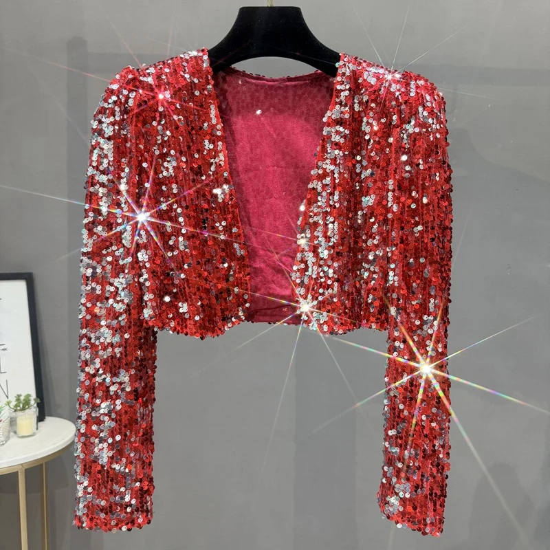 Damen-Pailletten-Cardigan, kurz, langärmelig, glitzerndes Oberteil, funkelndes Bühnenkostüm, Party- und Clubkleidung, Tanzkostüm, Oberbekleidung, T-Shirt. – Detail 9