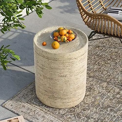 Outdoor Side Tables for Patio, Small Concrete Accent End Table, Stone Round Modern Coffee Furniture, Milky Cement Side