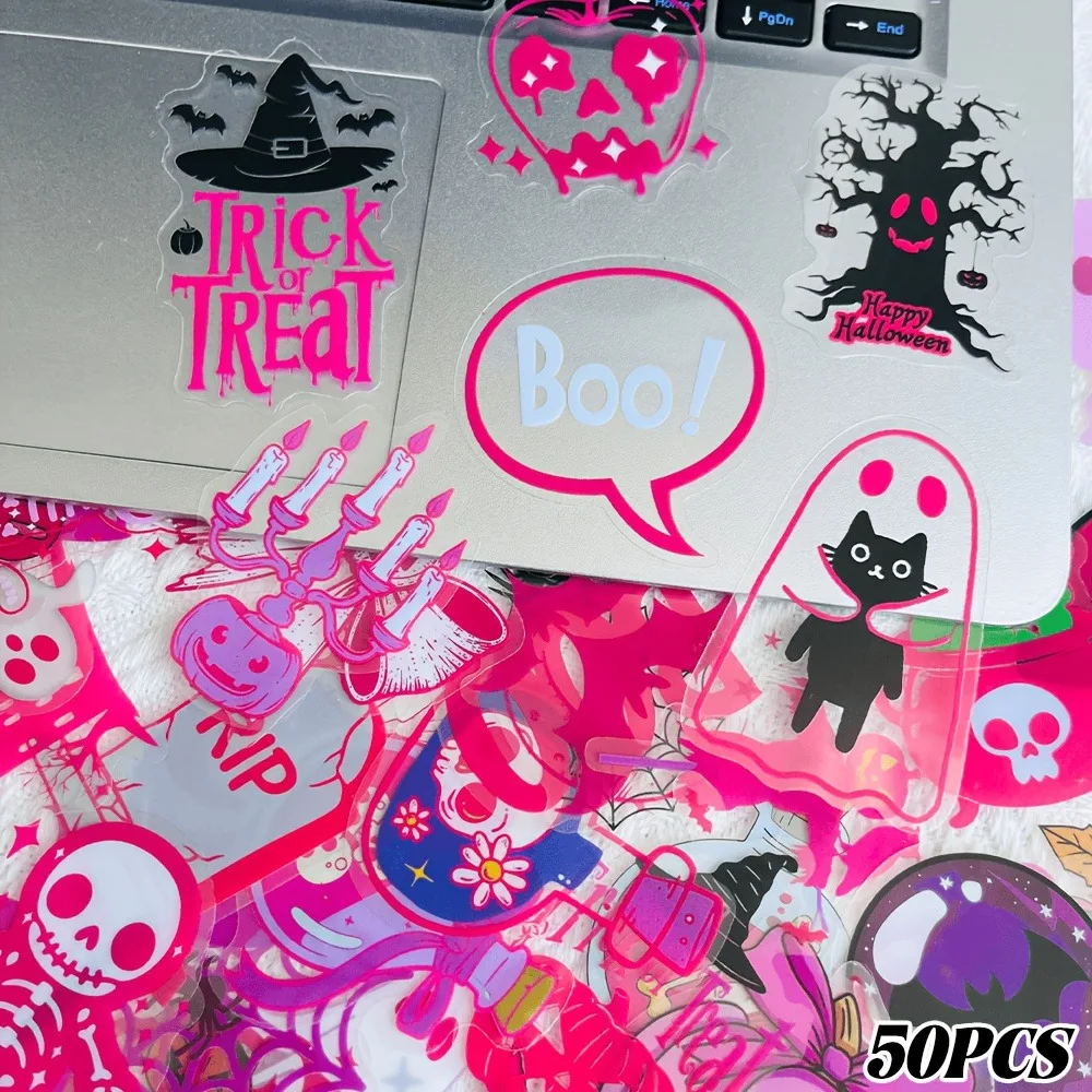 50 pegatinas rosas de Halloween, adornos para regalos de Halloween, para álbumes de recortes, portátiles, maletas, guitarras, vasos de agua, pegatinas para fundas de teléfono.