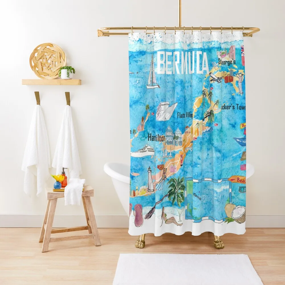 

Bermuda Island Travel Poster Favorite Tourist Map Highlights Shower Curtain Modern Accessory Bathrooms Elegant Bathroom Curtain