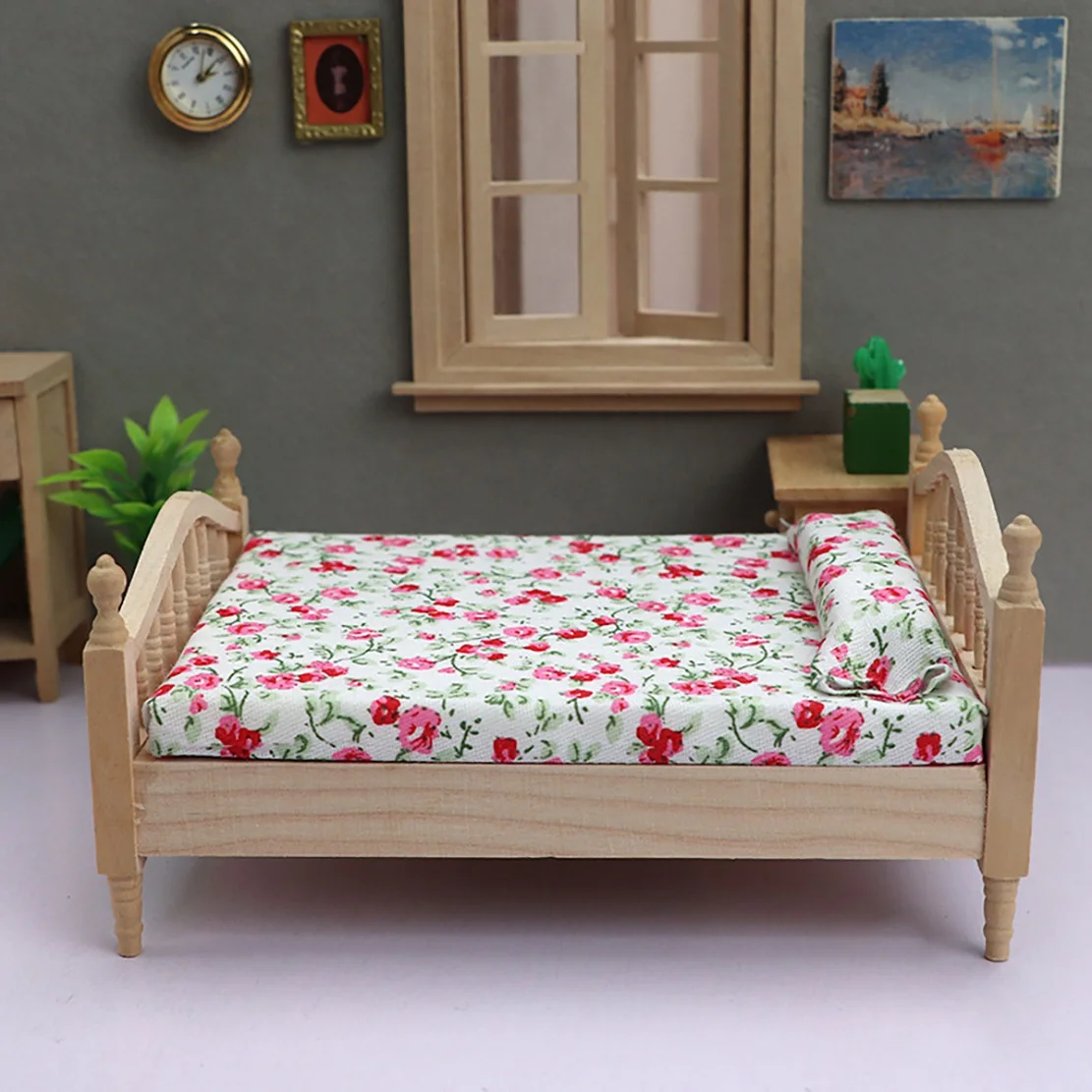 Mini lit double floral, accessoires de meubles de scène, chambre à coucher, 1:12