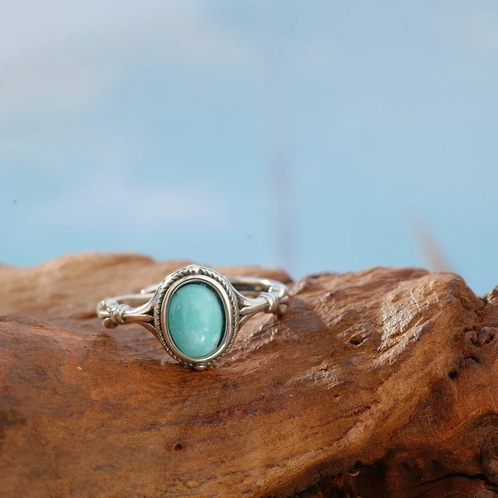 

Natural Turquoise 925 Silver Ring Vintage Adjustable Stackable Bands for Women Healing Gemstone Jewelry Boho Gift