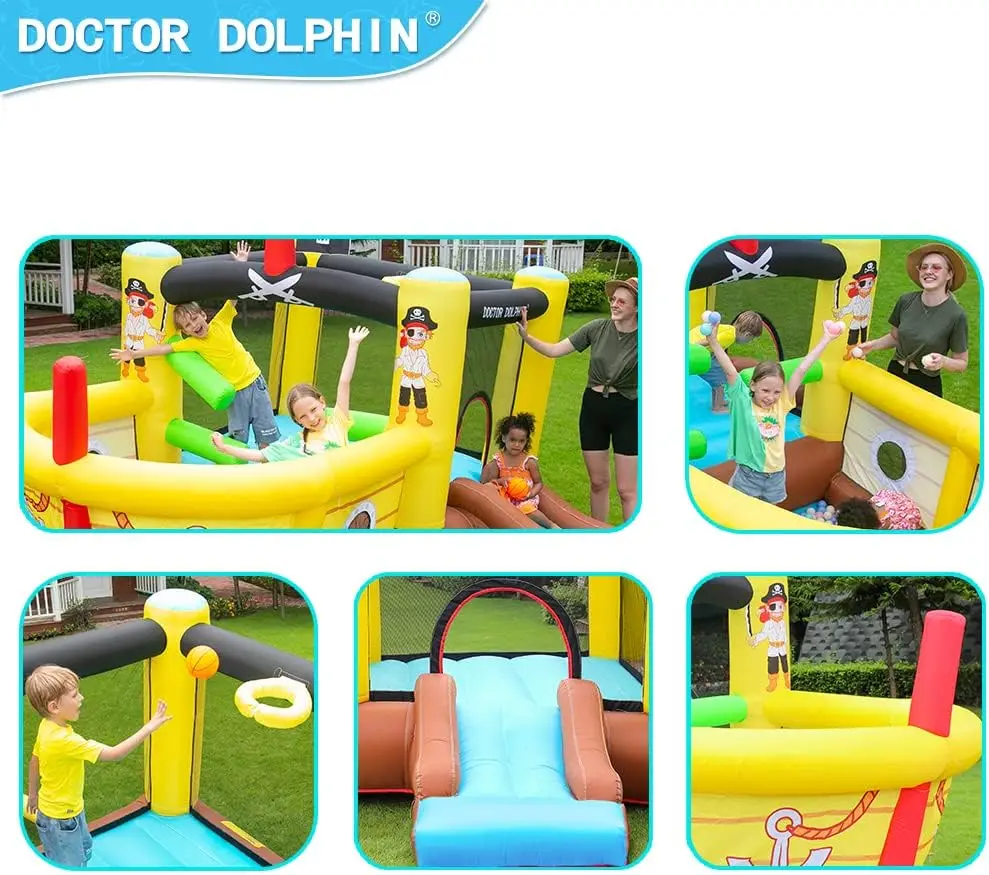 Toboggan gonflable Bounce House avec Obstacles, souffleur, thème de bateau pirate, fosse à balles, cerceau de basket-ball, videurs gonflables pour