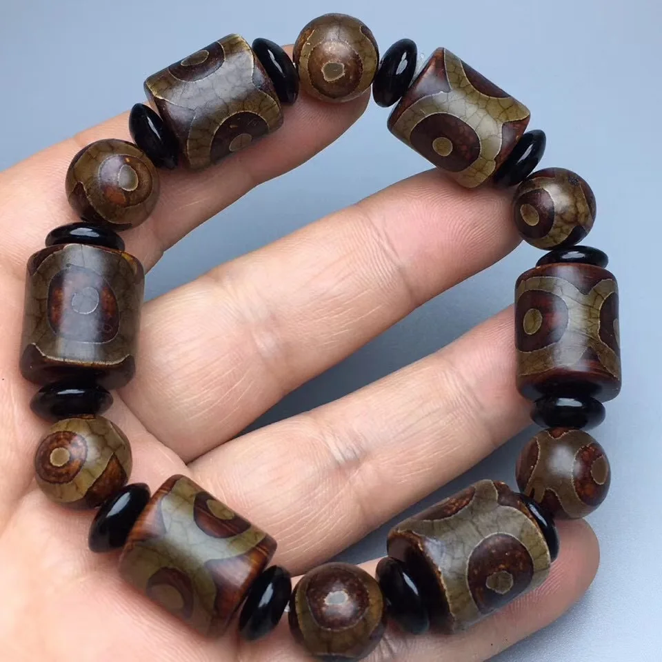 Natural Tibetan Agate Three Eye Silk Barrel Bead Bracelet for Men and Women