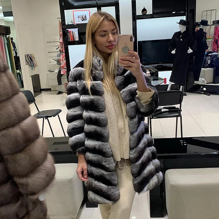 

Women Natural Rabbit Fur Jackets Real Rex Rabbit Fur Stand Collar Coat Luxury Chinchilla Fur Fluffy Coats