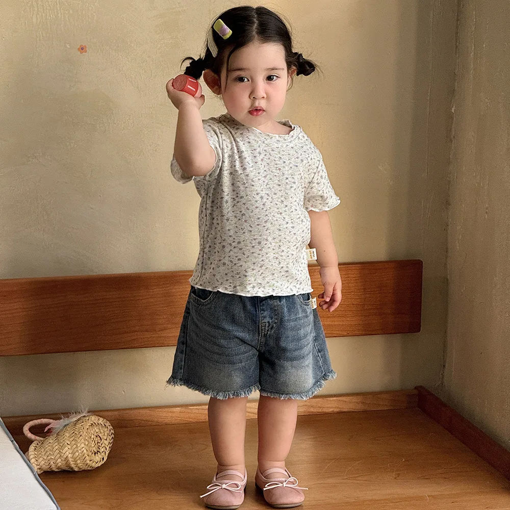 2026 New Girls Summer Fresh Floral Print Knit T-Shirt Cute Short Sleeve Soft Breathable Casual Toddler Daily Outdoor Wear 0-4Y
