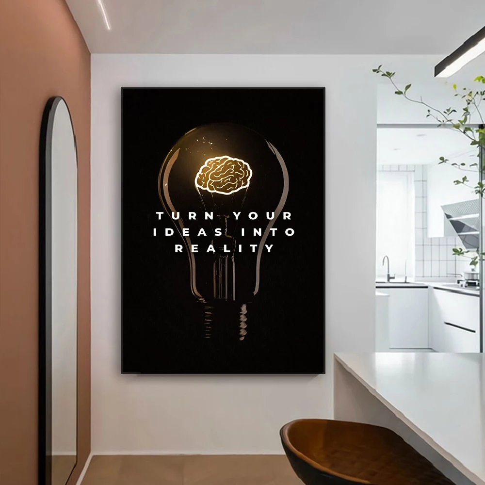 Modern Brain Art Poster Motivational Quote Art Turn Your Ideas Prints Black Wall Art Canvas Painting Office Success Art Decor