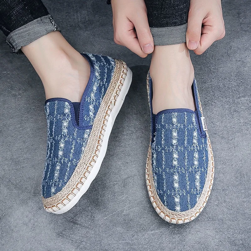 Male Moccasin Breathable Casual Canvas Shoes Hemp Insole Fisherman Shoes Slip on Loafers Men\'s Espadrille Summer Flats Shoe