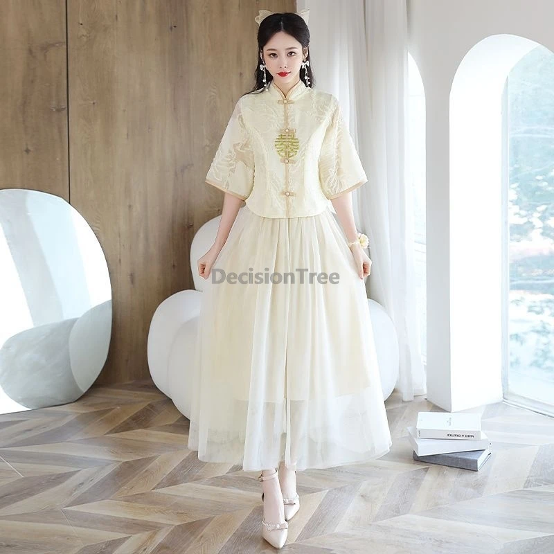 Spring summer Lady Chinese-style wedding bride and bridesmaid fairy tang suit top with skirt daily Chinese-style outfit set