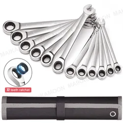 Ratcheting Wrench Set com Bolsa de Transporte, CR-V Chaves de Aço, 72-Tooth Metric, Padrão Combinação Chave Sets, engrenagem para Dica