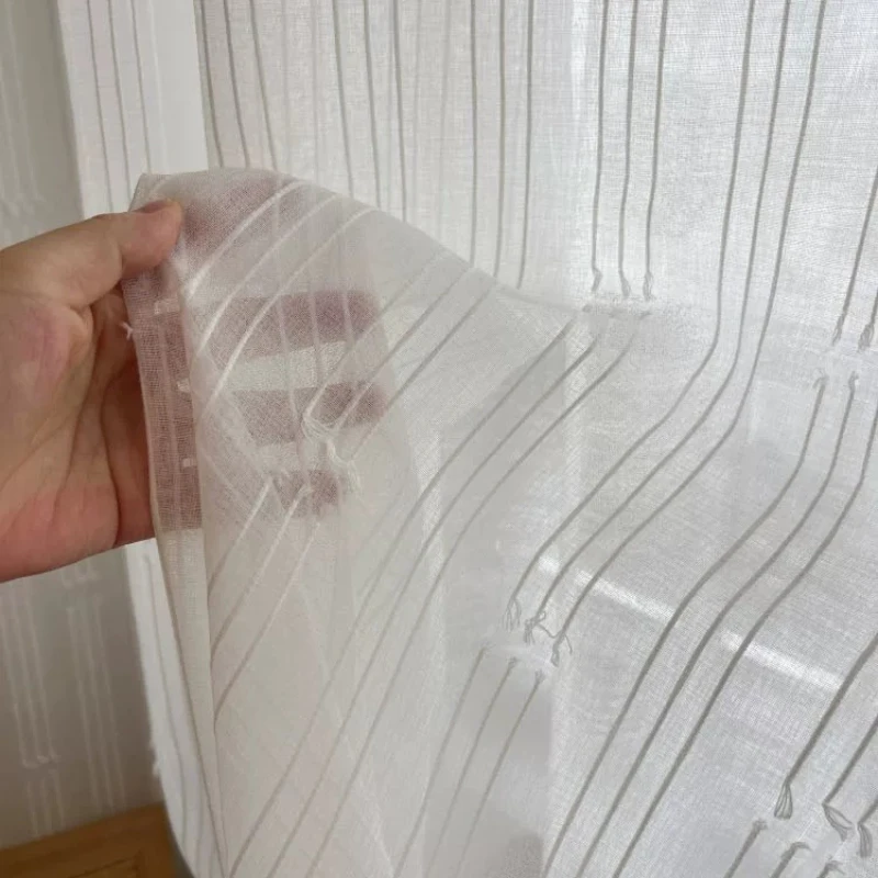 Vertical Strip Tassel Cotton Linen Jacquard White Gauze Curtains for Living Room Bedroom French Window Balcony Window Customized