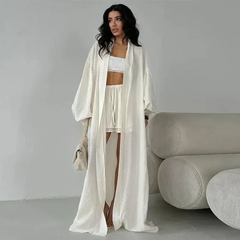 موضة سترة طويلة مجموعة تي شيرتات قصيرة للأطفال النساء بالون الأكمام الدانتيل يصل سراويل قصيرة الصلبة مجموعات 2025 الصيف سيدة أنيقة 2 قطعة الدعاوى