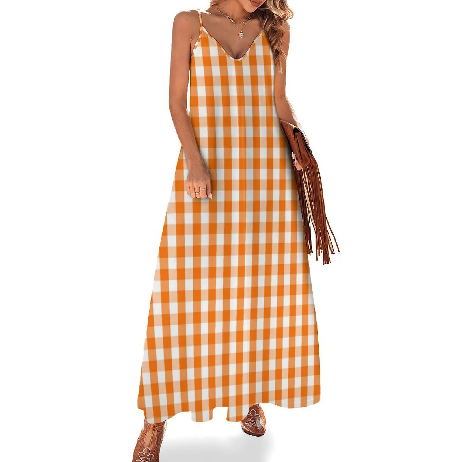 

Classic Pumpkin Orange and White Gingham Check Pattern Sleeveless Long Dress evening dress ladies Dress