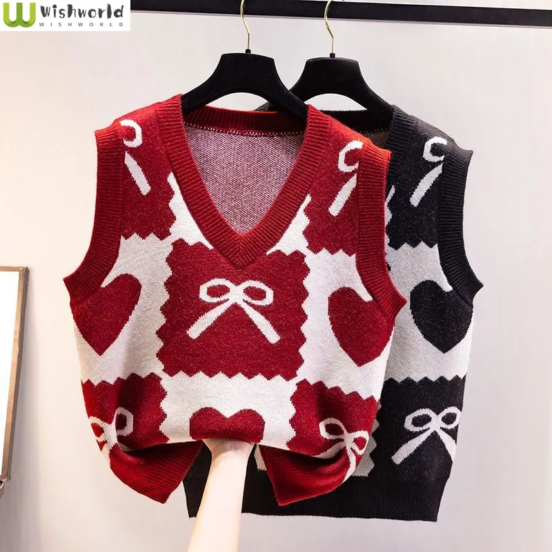 Tank Top Knitted Autumn and Winter Outerwear Women's Loose 2024 New Trend Fashion Red V-neck Sweater Vest Vest