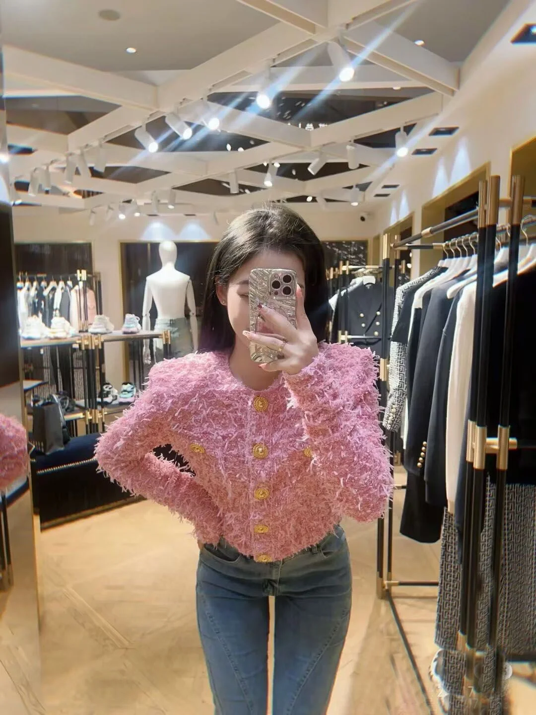 Spring 2026 New Style Coarse Tweed Sweet Pink Gold Button Tassel Knitted Outerwear Top Women Trendy Short Cotton Blend Coat