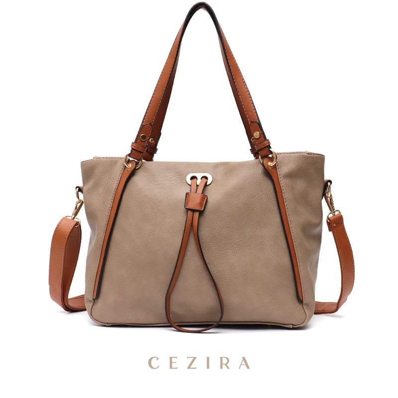 

CEZIRA Fashion Daily Totes Ladies Vegan Leather Shoulder Bag Laptop Daily Work Handbag Drawstring Double Handle Messenger Bags