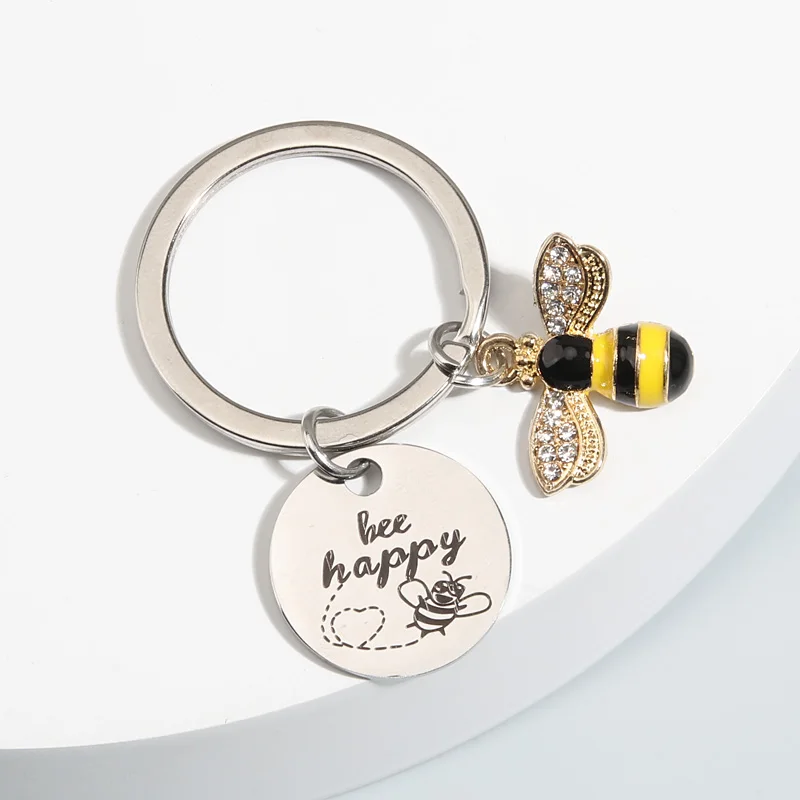 Cute Animal Keychain Bee Happy Key Ring Honeybee Key Chains Souvenir Gifts For Women Men Handbag Accessorie Car Keys DIY Jewelry