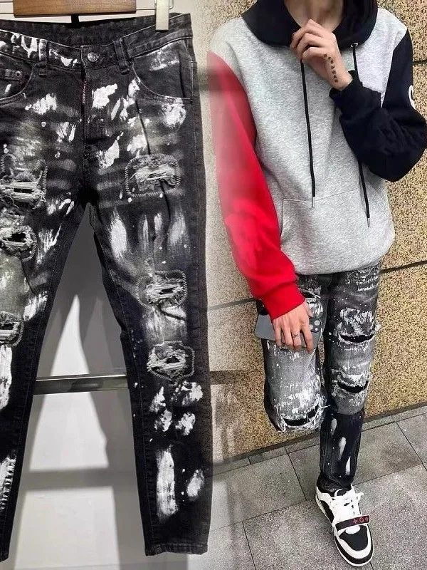 American Street Style Luxury Graffiti Men's Jeans Elastic Slim Fit Small Foot Pants Trendy Match All Seasons Wear Resistant