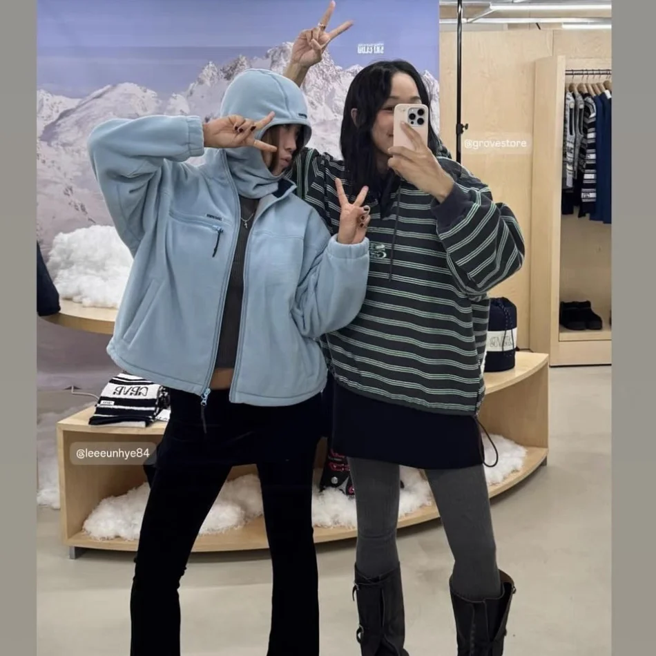 

Pure Color Stand Collar Zipper Loose Casual Warm Long Sve Fce Jaet Women's Faion Versatile Autumn Outerwear