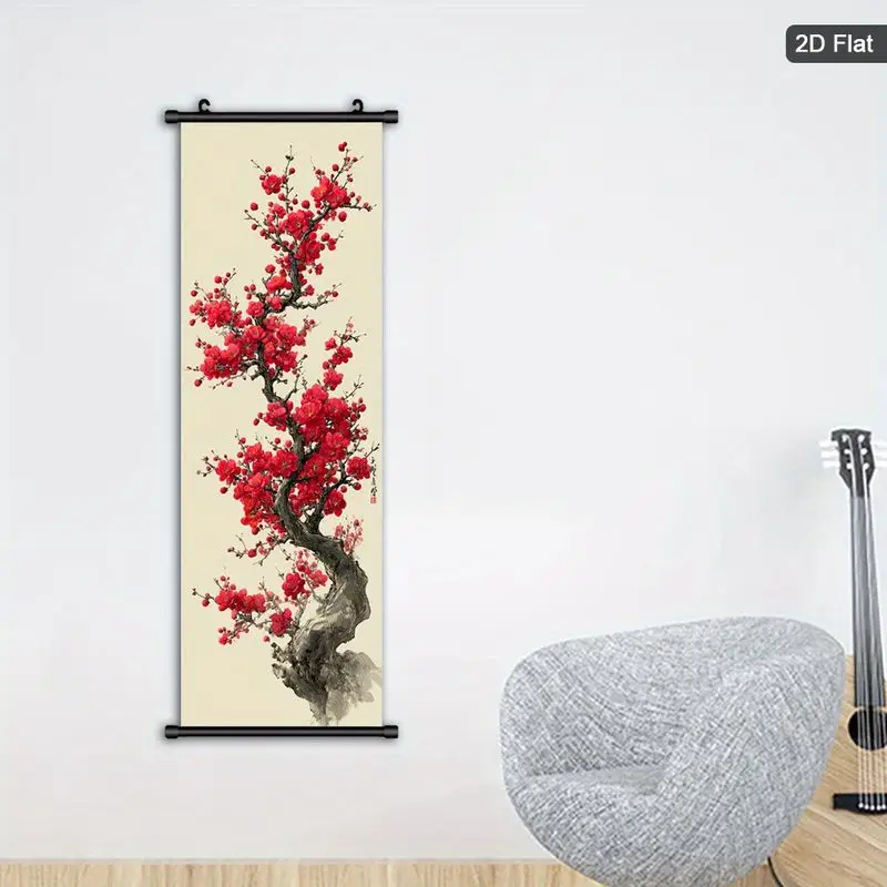 VIKAMA Red Plum Blossom Wall Scroll Tapestry Chinese Ink Painting Flower Poster Hanger Vertical Art for Living Bedroom Decor