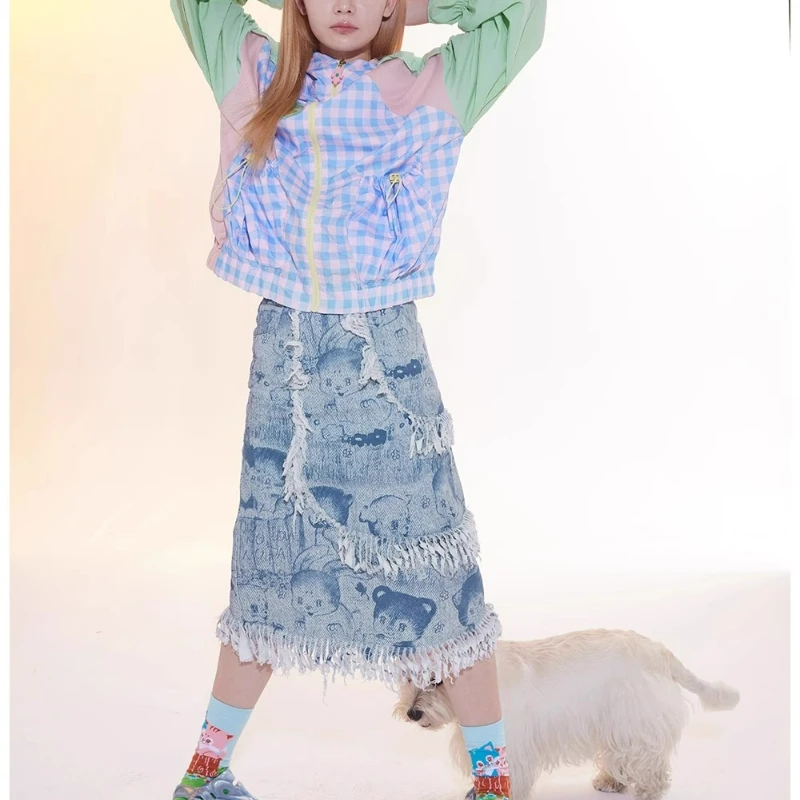 Retro-Design, hellblauer Tierdruck, mit Fransen, mittellanger Rock für Damen, 2025, neue, vielseitige Imitations-Denim-A-Linien-Röcke für Damen