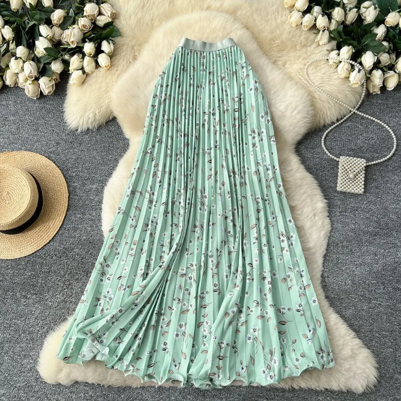 Print Floral Chiffon Skirts For Women Spring Summer Vintage A-line Long Skirt Korean Fashion Versatile Faldas Mujer