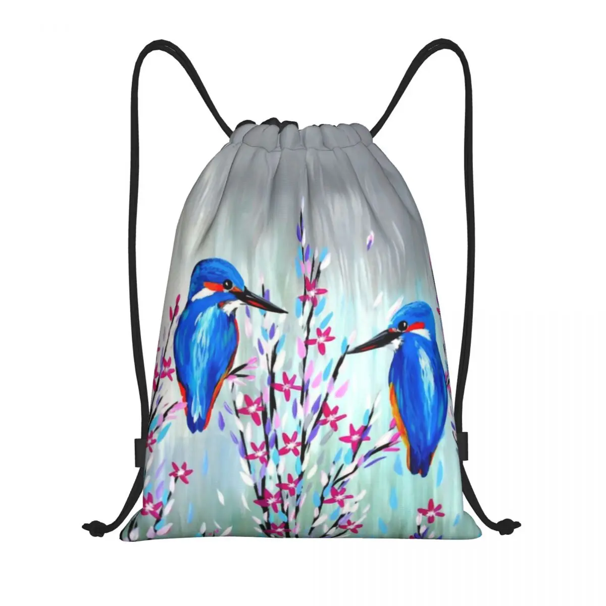 Custom Cute Kingfisher Love Drawstring Backpack Sports Gym Bag for Women Men Flower Cherry Blossom Bird Training Sackpack