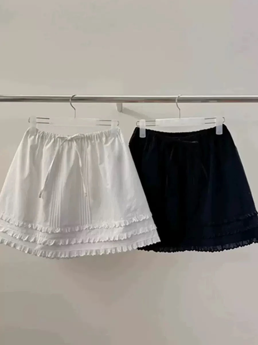 

Ele Cotton Elastic Waist ort Skirt with Lace Trim Anti-Aging White A-Line Skirt Korean Sle f-length Skirt