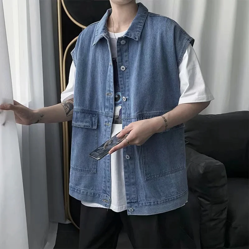 Summer Casual Style Unisex Sleeveless Denim Workwear Jacket Collared Vest Men's Fashion Korean Version No Button Design