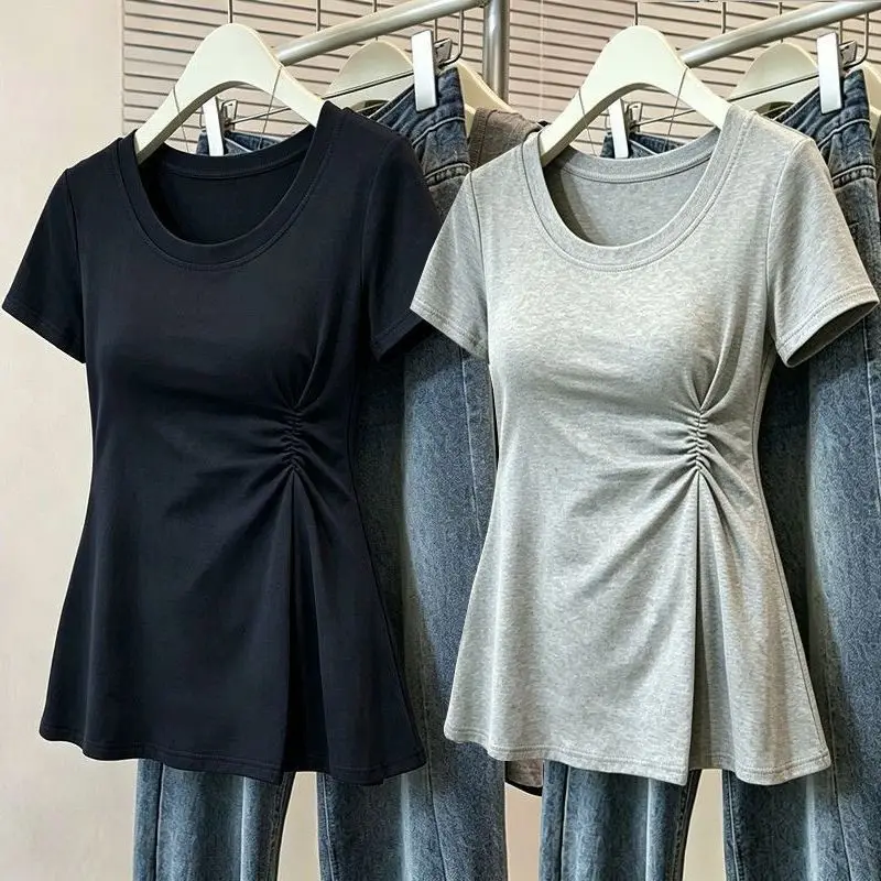 plus Size Women's T-Shirt Short Sleeve Waist-Cinched Beautiful Belly Covering Summer Fashion Unique Stylish Top Shoulder Width
