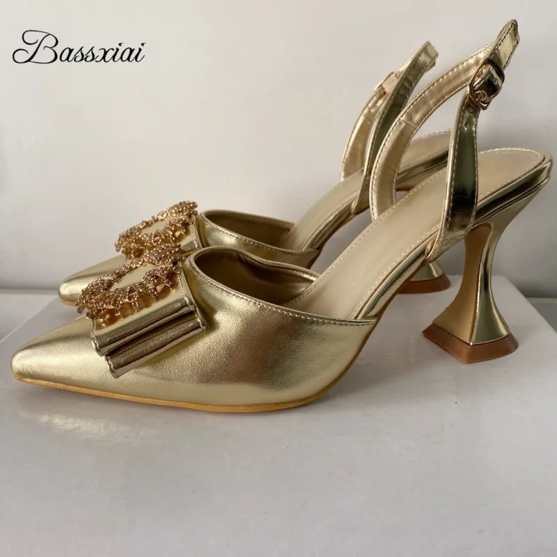 

Gold Color Sexy Pointed Toe Summer Shoes High Goblet Heel Back Strap Rhinestone Buckle Sandals Women