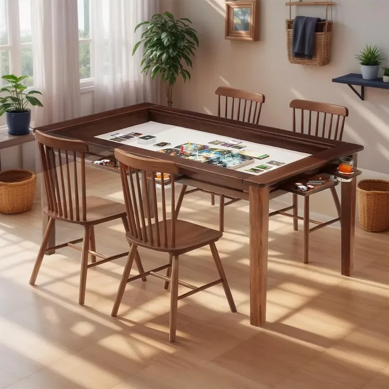Solid Wood Board Game Table for 4-6 Players Dining Gaming Table w 54x31 Big Gaming Space and Removable Top Includes Game Mat