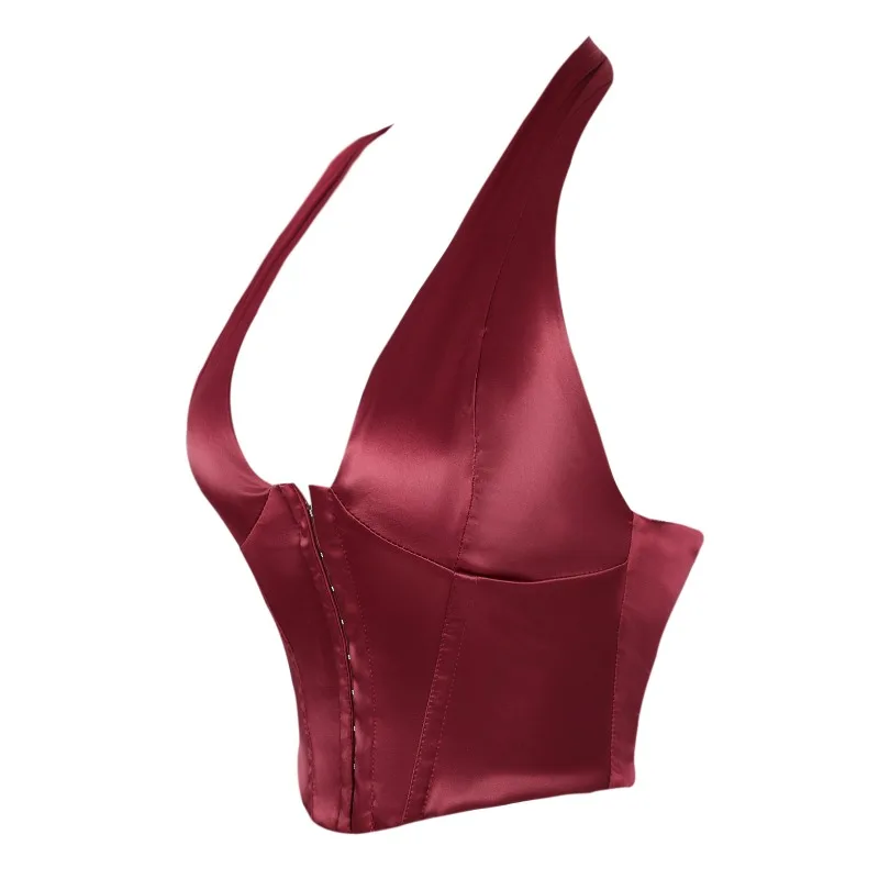 Women Lace-up Sleeveless Halter Cardigan Sexy Party Satin Corset Bustier Tank Tops Summer Streetwear Lingerie Vest Camisole