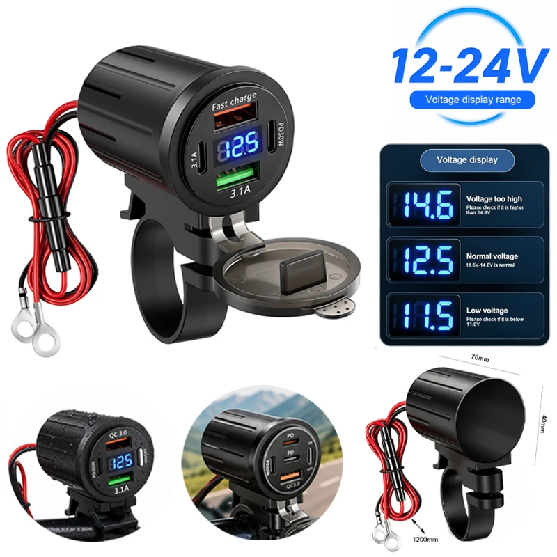 12V-24V Motorcycle Charger Adapter Socket Outlet QC3.0 PD Handlebar Mounting Chargers Fast Charging Waterproof Power Adapter